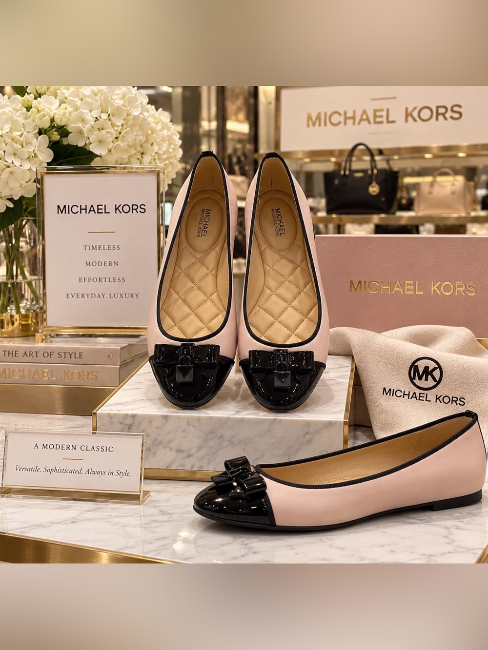 Michael Kors Alice Cap Toe Ballet Flats Pink Black Patent Bow Lock NWOB
